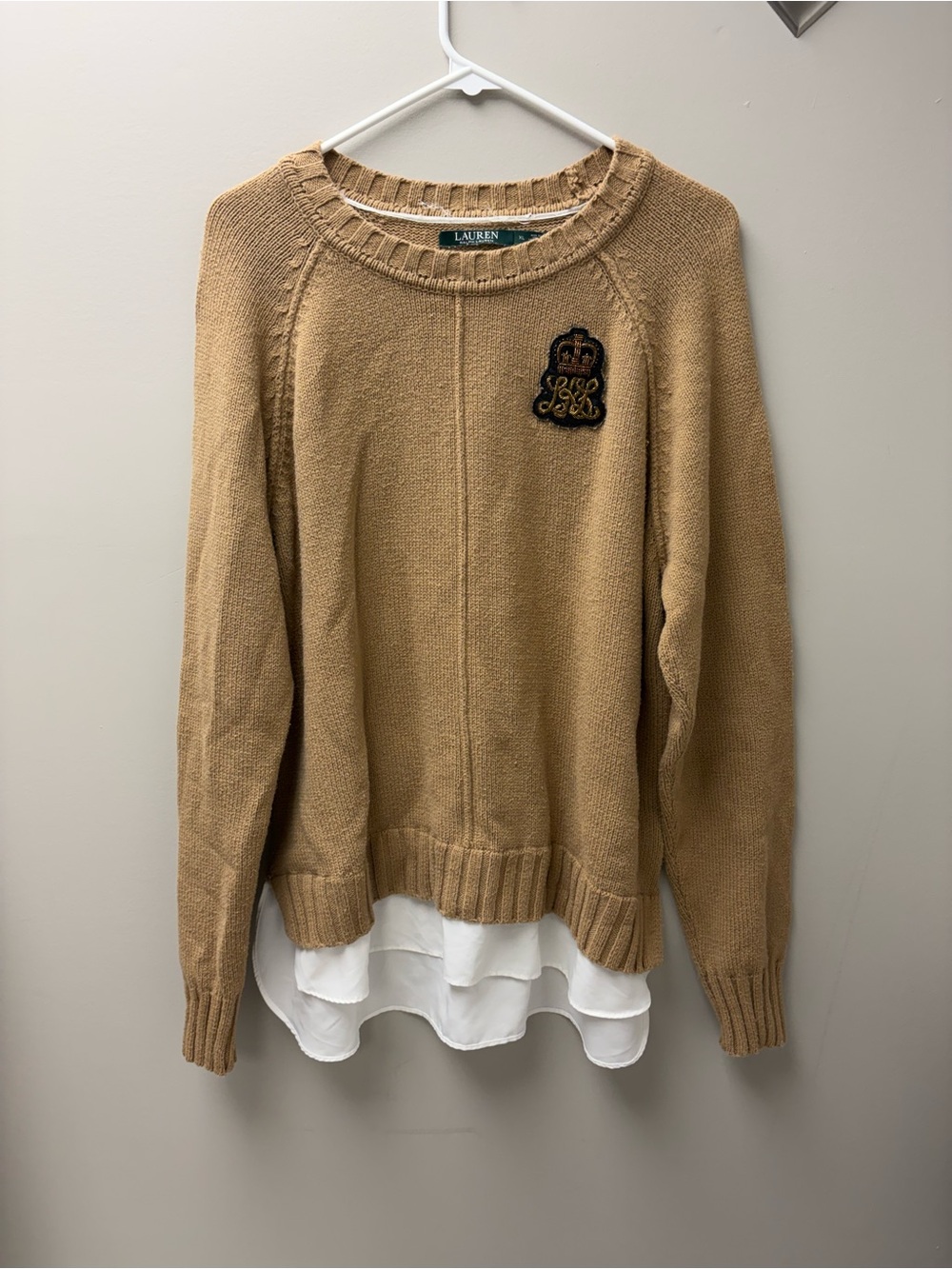 Ralph Lauren Women’s Tan Knit Crewneck Sweater w/ Blouse Bottom